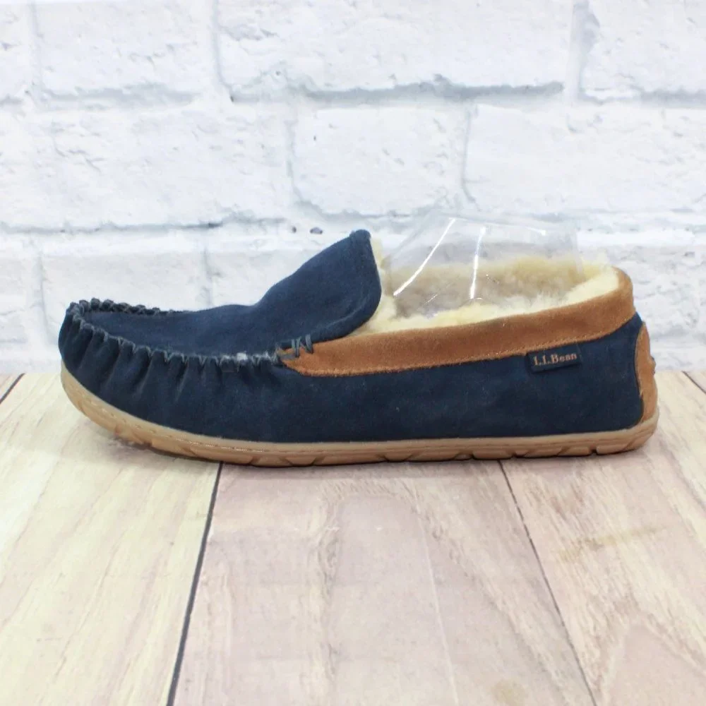 LL BEAN Blue Suede Wicked Good Shearling Lined Slippers Venetian 11 M - Picture 1 of 9